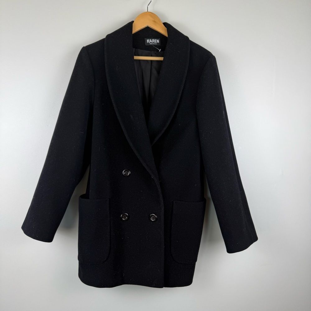 Karen Wool Coat Size Large Double Breasted Mid Length Black Women's